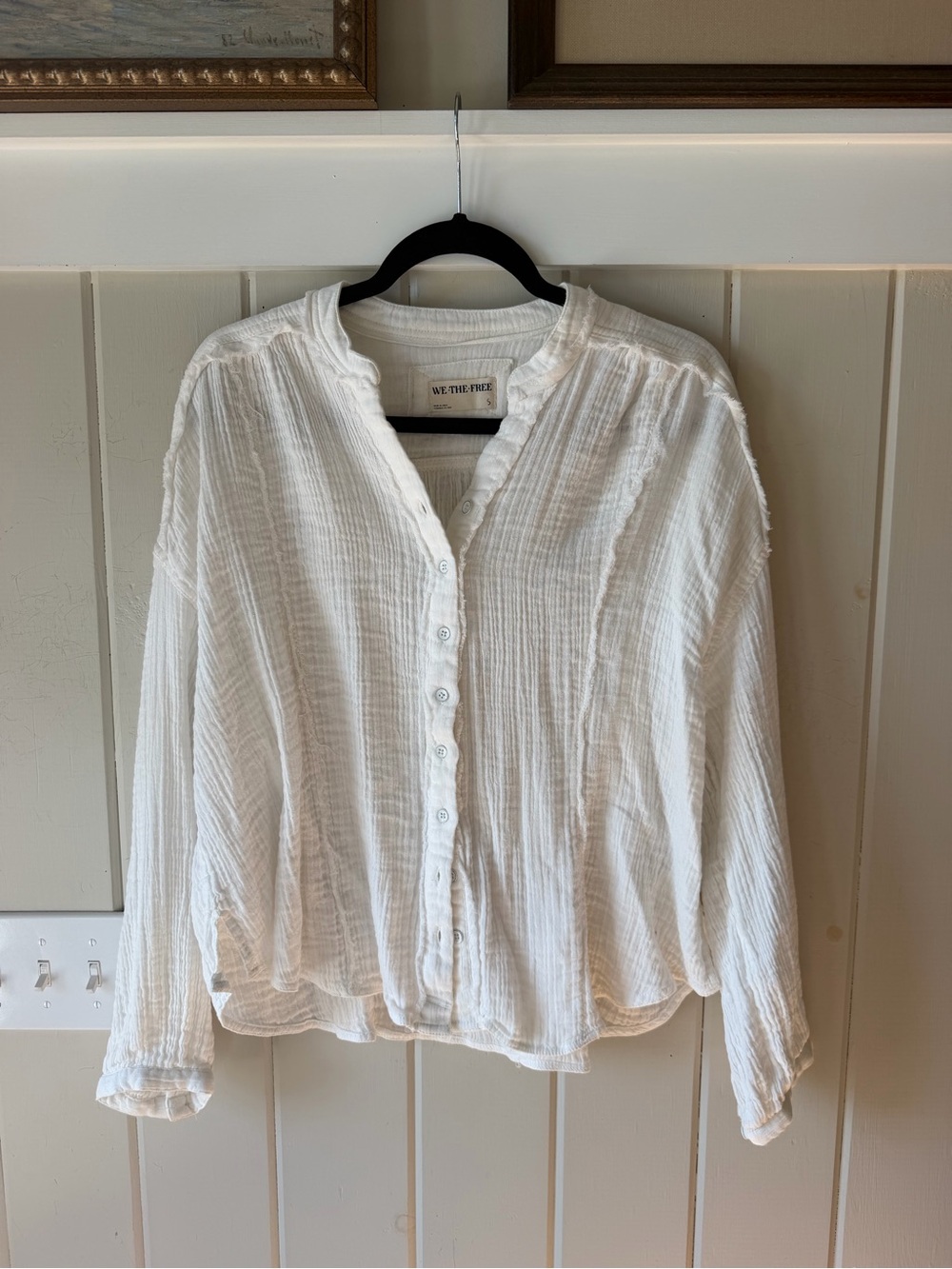We The Free White Gauze Button-Front Blouse, Oversized Fit, Size Small (S-XL)